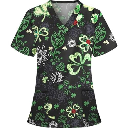 Working Nurse Uniform Tops Butterfly Printing Sleeve V Neck Nursing Cloth for Women St. Patricks Day Uniforme Enfermera Mujer