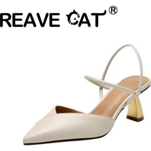 REAVE CAT 2021 Genuine Leather Sandals Slingback Pointed Toe Slip On Front Rear Strap 5.5cm Strange Heel US9 Apricot Black A4282