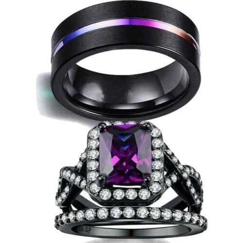 Luxury Cross Large Purple Color Crystal Couple Rings For Female Man Chic Black Color Alloy Ring Set High Quality Jewelry
