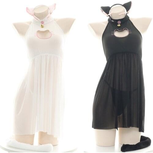 Sexy Translucent Cute Cat Maid Open Chest Nightdress Underwear Lolita Women Embroidery Hollow out Pajamas Homewear & Tail