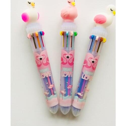 1pc Soft Silicone Flamingo Head 10 In 1 Colorful Ballpoint Pen Writing Drawing Student Stationery School Office Supply