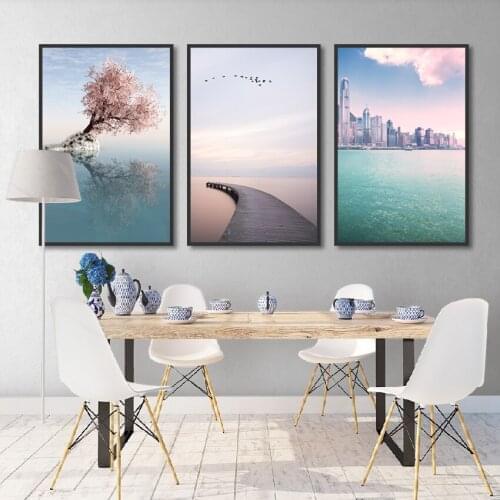 Nordic Decoration Home Wall Art Picture Minimalist Romantic Sea Landscape Posters and Prints Unframed Canvas Painting Pink