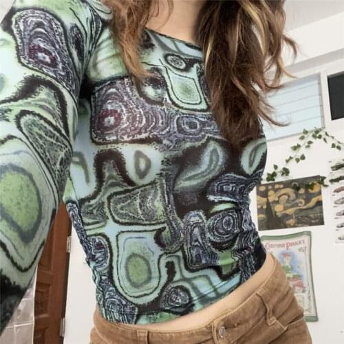 Summer Fall Women Vintage Printing Casual Long Sleeve Round Neck T-shirt Ladies Fashion See Through Mesh Tees Blouse 2021