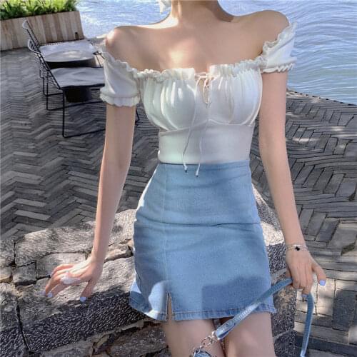 Woman TShirts 2020 Sexy Sleeve Lace Short Sleeve Knitted Crop Top Mujer Camisetas