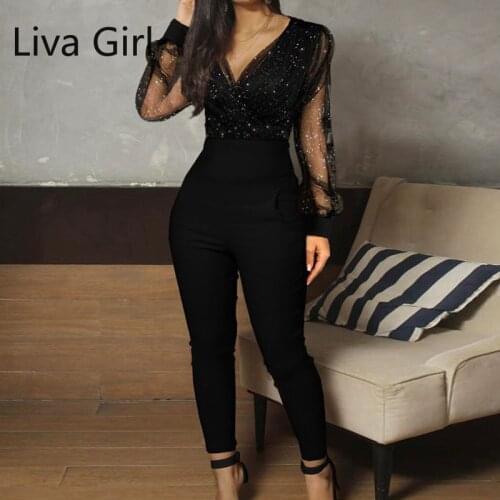 2021 Rompers Womens Jumpsuit Sexy Black Overalls Spring New Zipper Solid Color V Neck Lace Long Sleeve Jumpsuits Lady Clothes