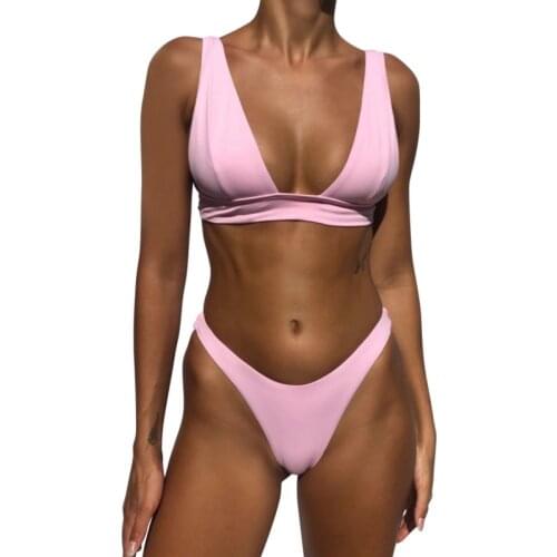 Women Push Up Bikini Micro V Neck Swimsuit Brazil Swimwear Two Piece Set Solid Bather Bathing Suit Swim Suit Female
