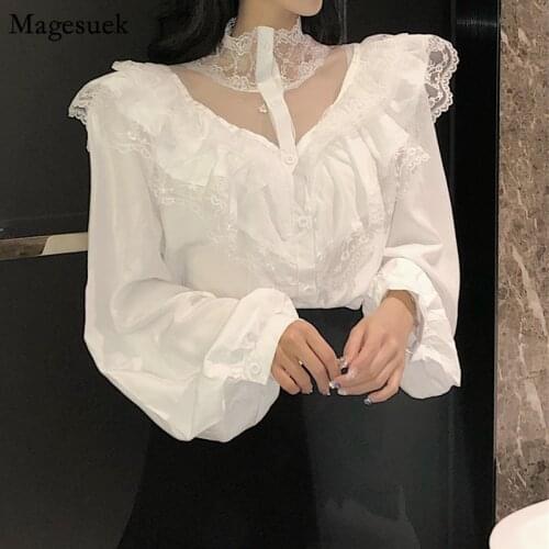 2021 Spring Loose Lace Women Blouse Women Korean Puff Sleeve Sexy Womens Shirt Ruffles Office Ladies Tops Blusas De Mujer 10783