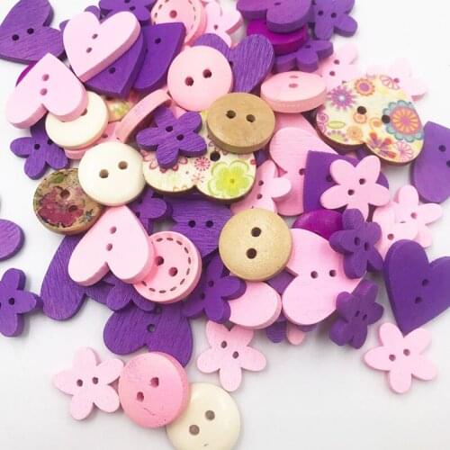100pcs DIY 15mm Pink Purple Color Mix Shapes Wood Button Sewing Craft 2 Holes Wooden Buttons Clothes Scrapbooking Decor WB762