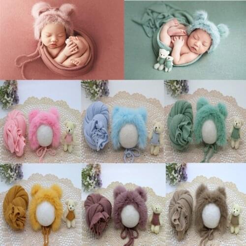 3 pieces/set of newborn photography wrapping cloth boy and girl hat props newborn rabbit fur hat bear doll photography props