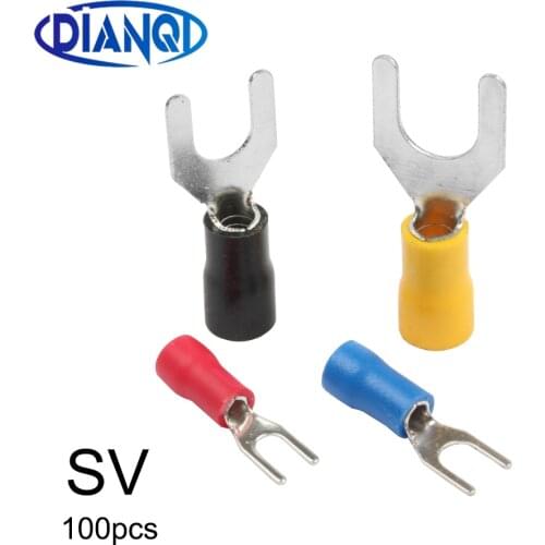 DIANQI SV1.25 SV2 SV3.5 SV5.5 100PCS/Pack Insulated Fork Cable Wire Terminal Connector Electrical Crimp Terminal SV1-5 SV