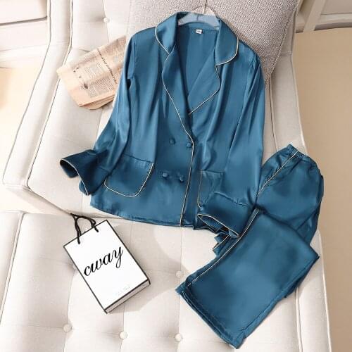 Fdfklak Homewear Female Ice Silk Long Sleeve Shirts+Pants Two Pieces Suit Night Sleepwear Spring Autumn Womens Pajamas Sets