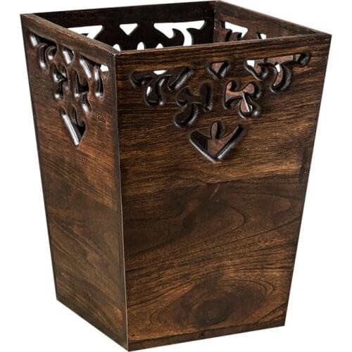 Chinese creative trash can bathroom large vintage wooden paper basket living room kitchen tea room household solid wood trash