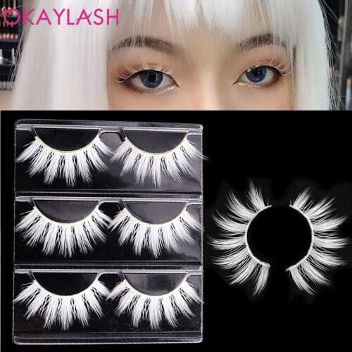 OKAYLASH 3 Pairs Bulk Sale White 3D False Eyelashes Cosplay Show Makeup Colored Lashes Dramatic Cilia for Halloween Party