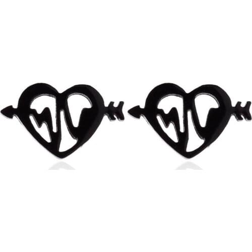 Punk Stainless Steel Black Color Heartbeat&Cupid Arrow Small Studs Earrings for Couples Anniversary Love Jewelry Gifts Aretes