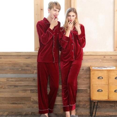 YT- 014 Autumn Winter Couple Velvet Pajamas Suit Long Sleeve Tops and Pants Sleepwear Two Pieces Sets