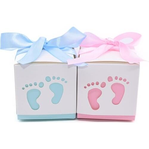 10Pcs Cute Baby Footprint Stroller Candy Box With Satin Ribbon Baby Shower Party Gift Paper Box Boy/girl Birthday Favor Supplies