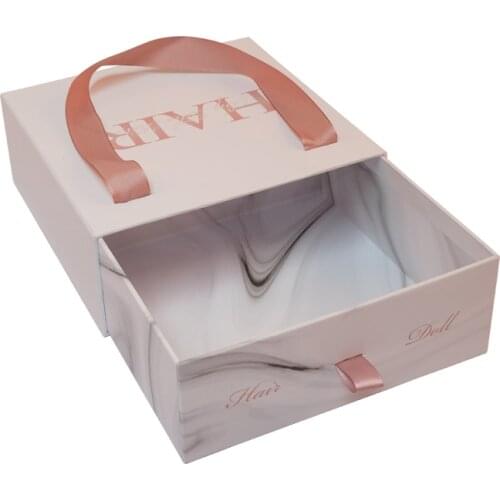 Luxury custom logo print matt white cosmetic hair bundle extension storage pack drawer gift wig packaging box with ribbon handle