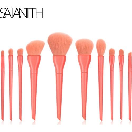 Saiantth 10pcs candy red makeup brushes set beauty tools loose powder eye brush charm cosmetic sculpting highlight blooming kit
