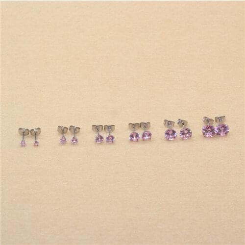 Size 3mm to 8mm 316L Stainless Steel Pink Color Round Zircon Stud Earrings No Fade Allergy Free Brief Jewelry