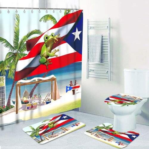 Customized Watercolor Design Funny Frog And Puerto Rican Flag Printing Waterproof Shower Curtain Polyester Curtain Bathroom Rugs