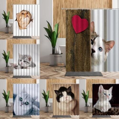 Cute Cats Shower Curtain Set Lovely Funny Animal Cat Bathroom Bath Decor Waterproof Polyester 3D Window Curtains For Kid Bedroom