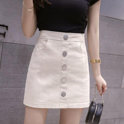 Summer wear female 2021 new denim white short skirt Korean high waist bag hip Skirts fashion Single-breasted pocket Skirts G1163