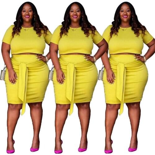 Plus Size Womens Clothing Skirt Suit Fashion Round Neck Short Sleeve Personalized Belt Pure Color Casual Loose Two Piece Set