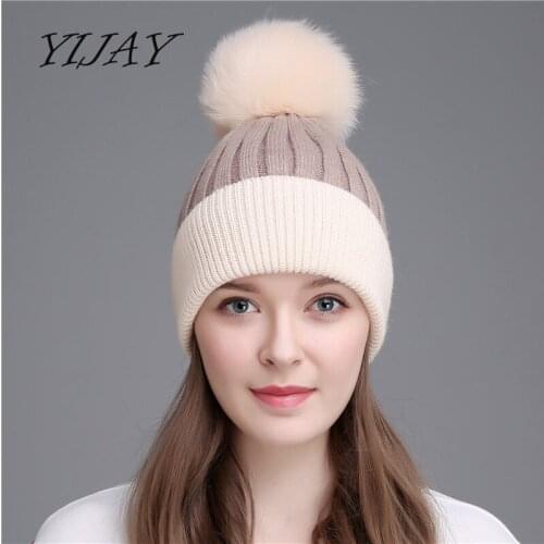 Women real fox pompom hat female winter autumn knitted beanies fox fur ball caps fashion hats for women