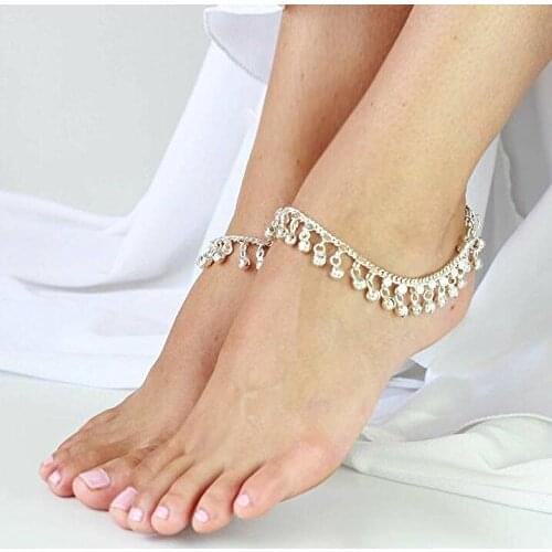 Women Silver Color Jewelry Style Indian Traditional Belly Dance Anklet with Jingling Bells-Toned Pendant Anklets