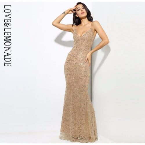 LOVE&LEMONADE Gold Deep V Neck Open Back Flower Ribs Long Dresses LM80386