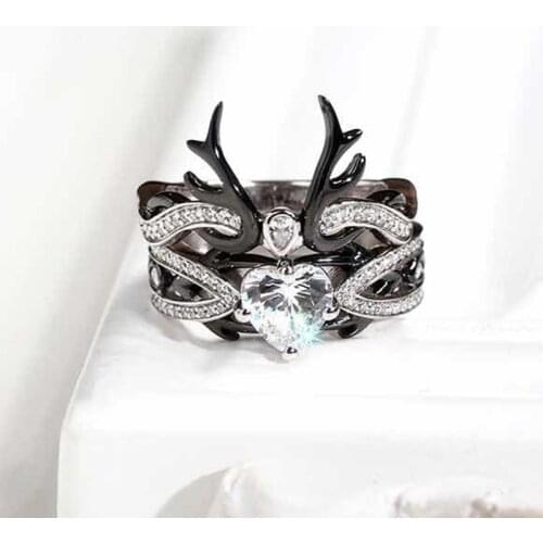 Cute Animal Horn Black Deer Antler Rings for Women Girl Luxury 2 Pcs/Set Crystal CZ Heart Stone Ring Party Jewelry Gifts Z5M264