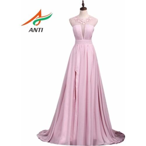 ANTI New Exquisite Pink Chiffon Long Prom Dresses 2019 O-Neck A Line Floor Length Beaded Crystals Women Party Dresses HQY216