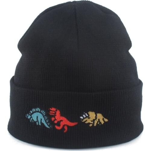Unisex Winter Soft Outdoor Beanie Cartoon Knitted Hat For Boys Girls Casual Outside Dinosaur Embroidery Cute Hats