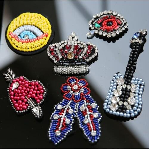 1pc 3d handmade rhinestone beaded patches for clothing eye heart crown embroidery parche Decorative patch applique sequins