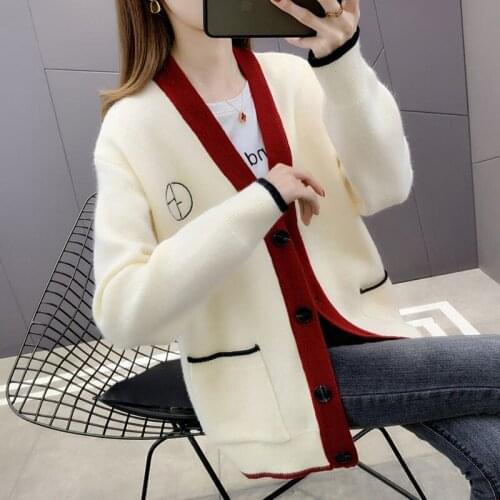 2021 ladies fashion casual new autumn and winter womens sweater knit cardigan loose long-sleeved v-neck color matching jacket
