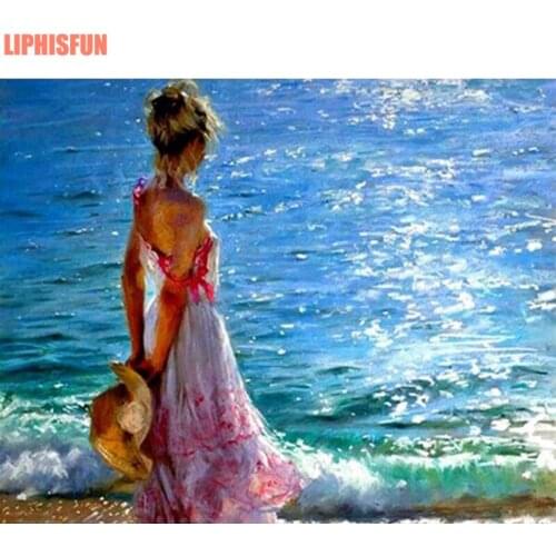 5D DIY Diamond Painting Girl Back Beach Hat Embroidery Full Square Diamond Cross Stitch Rhinestone Sea Scenery Painting Decor