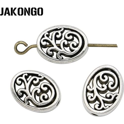 JAKONGO 20pcs Antique Silver Flower Oval Spacer Beads for Jewelry Making Bracelet Accessories DIY Handmade Craft 12x10mm