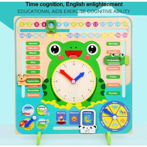 Wooden Early Aids Toy Baby Weather Season Calendar Clock Time Cognition Kid Montessori Cute Frog Preschool Educational Toys Gift
