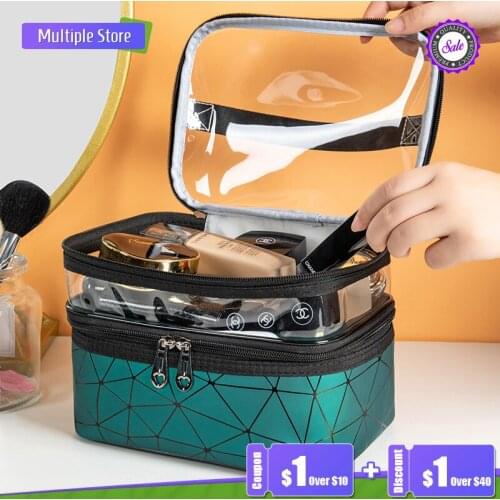 Double-layer Waterproof Makeup Bag Large Capacity Beautiful Visual Make Up Box Toiletries Easy Storage Cosmetic Organizer