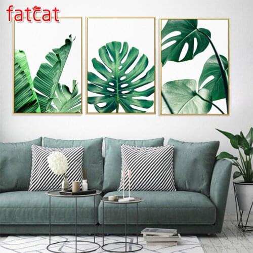 FATCAT 5d diy diamond painting green leaves full square round drill diamond embroidery kit triptych landscape home decor AE169
