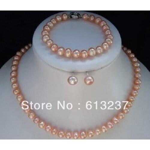 Hot free Shipping new Fashion Style diy Beautiful! 8-9mm Pink Akoya Pearl Necklace Bracelet Earring 1 Sets YE4005