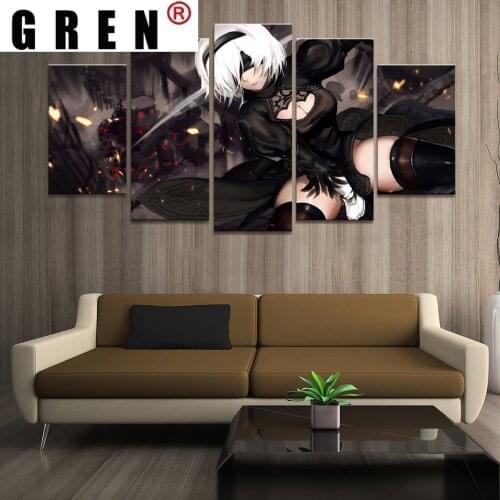 GREN Home Decor Poster HD Pictures Prints Canvas 5 Piece Modular NieR Automata 2B GAME Living Room Art Decorative Painting