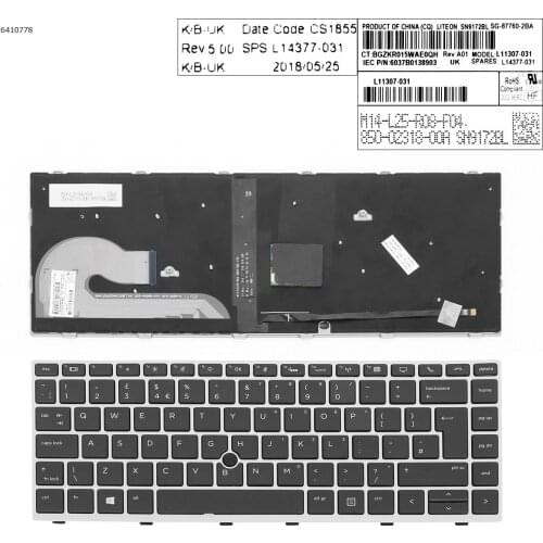 UK New Replacement Keyboard for HP EliteBook 840 G5 846 G5 745 G5 Laptop Silver Frame Black Key with Backlit & Pointer