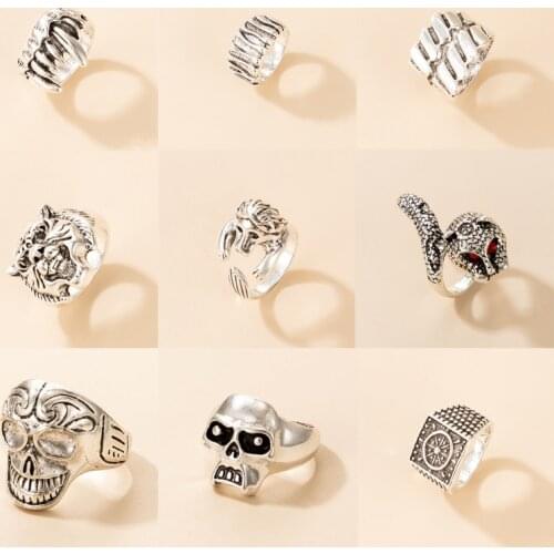 Tocona Punk Tiger Lion Single Ring for Women Men Clear Crytal Stone Skull Geoemtry Alloy Metal Party Jewelry Accessories кольца