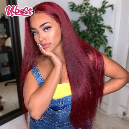 Ubest 99J Red Straight Lace Front Wig Human Hair Malaysian Virgin Transparent Lace Frontal Wig for Black Women 180 Density