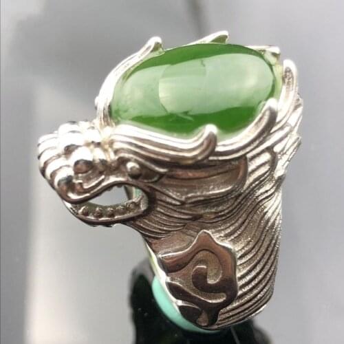 100%925 Silver Inlay Spinach Green Jade Mens Live Ring Free Shipping