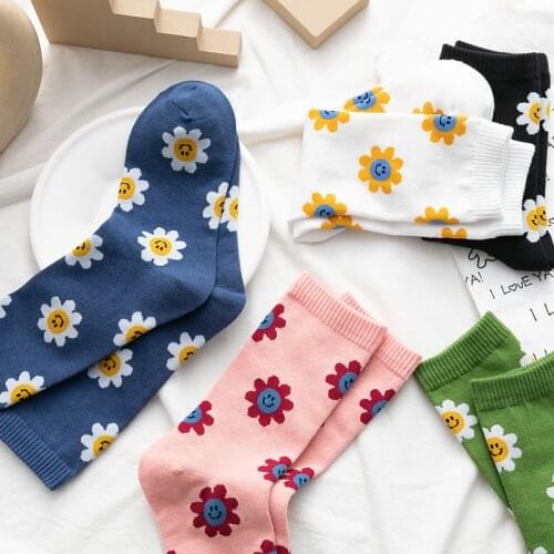 Funny Cartoon Smiley Womens Socks Cotton Cozy Breathable Korean Japanese Harajuku Socks Cute Flower Autumn Winter Warm Sock Sox