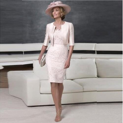 Unique 2021 New Blush Pink Short Lace Mother of the Bride Dresses Half Sleeve With Jacket Mother of the Groom Gowns Knee Length