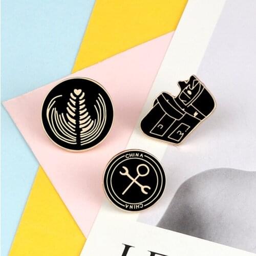 New Retro Black Round Brooches Coffee Machine Enamel Pins Badges Bag Shirt Metal Button Lapel Pin Women Men Funny Jewelry Gifts