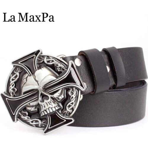 Man skull belt Punk style men belt buckle skull head silver skull Cross skeleton pattern mens genuine leather belt gift for man